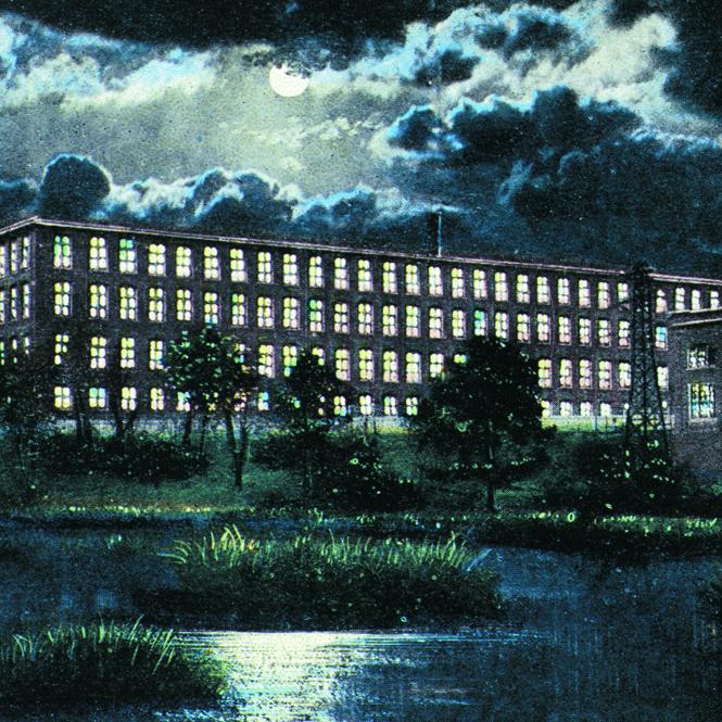 Colorful illustration of a large rectangular four story building with large windows and the Columbia Canal in the foreground