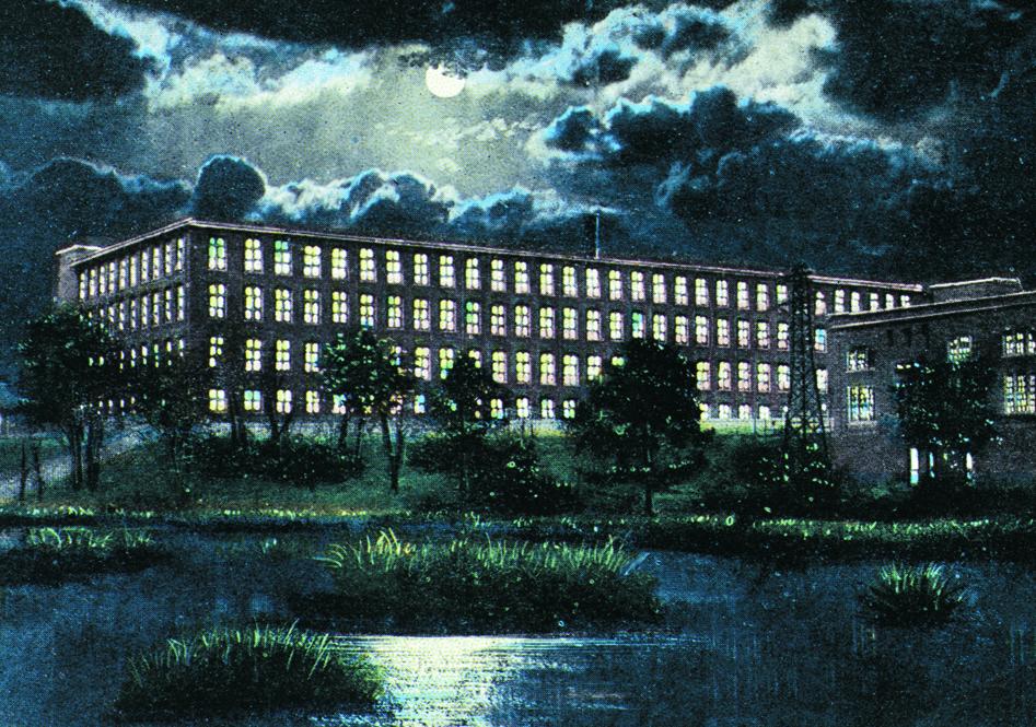 Colorful illustration of a large rectangular four story building with large windows and the Columbia Canal in the foreground