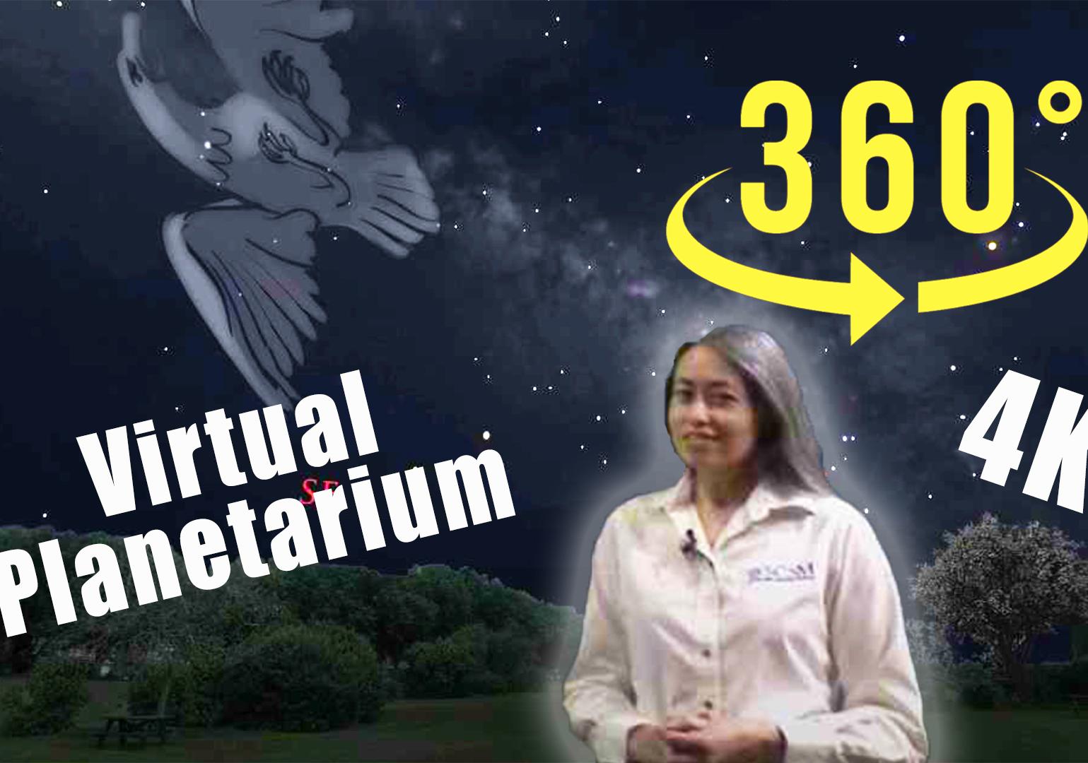 Woman standing in front of a backdrop of the night sky. Words Virtual Planetarium, 360 and 4K are shown.