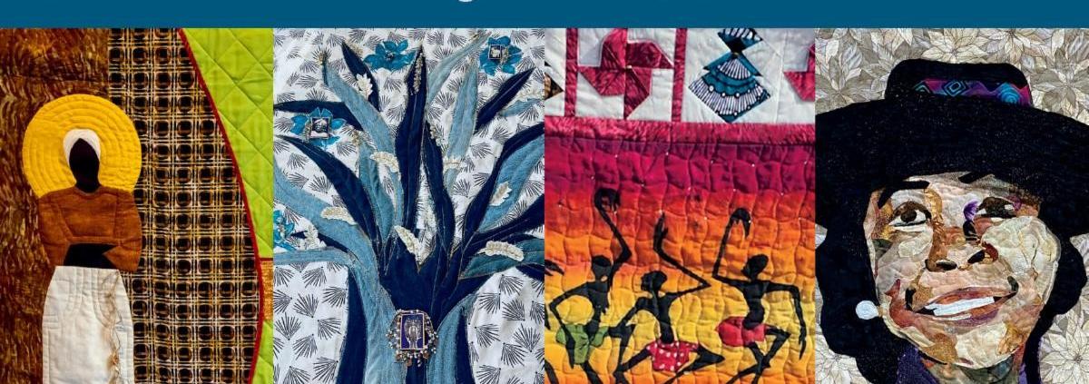 four quilts featuring a woman standing, tree in blue, african dancing and a matriarch