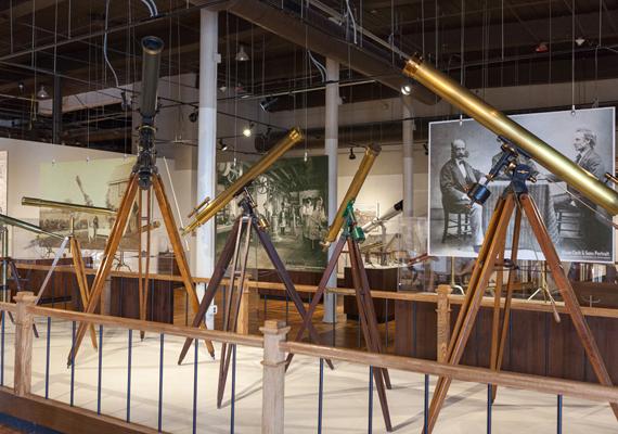 Row of antique telescopes on exhibition at the State Museum