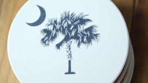 Ceramic Coaster in Stone Color with Blue Palmetto and Crescent