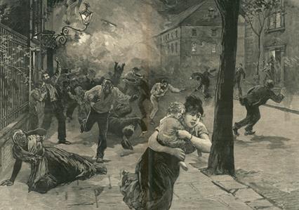 Sepia toned antique newspaper illustration depicts people running down street looking terrified