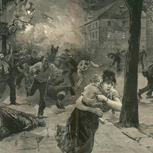 Sepia toned antique newspaper illustration depicts people running down street looking terrified