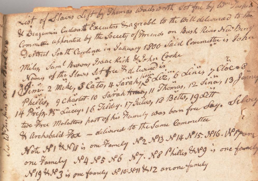Yellowed page from old book with handwritten text that reads "List of Slaves Left by Thomas Wadsworth set free by Wm Turpin" followed by a list of names for persons emancipated.