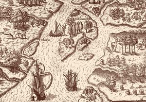 Sepia tone illustrated map of river and land in colonial South Carolina