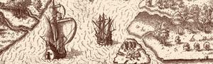 Sepia tone illustrated map of river and land in colonial South Carolina