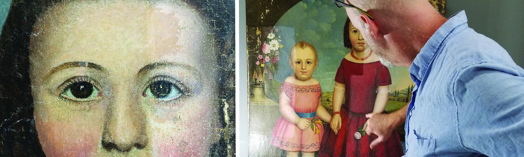 Split image shows close up of painting showing child's on the left and image of man standing, facing away from camera, and pointing at full size painting on an easel
