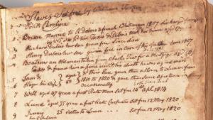 Yellowed page from old book with handwritten text that reads &amp;quot;Slaves Set Free by William Turpin&amp;quot; followed by a list of names for persons emancipated by Turpin.