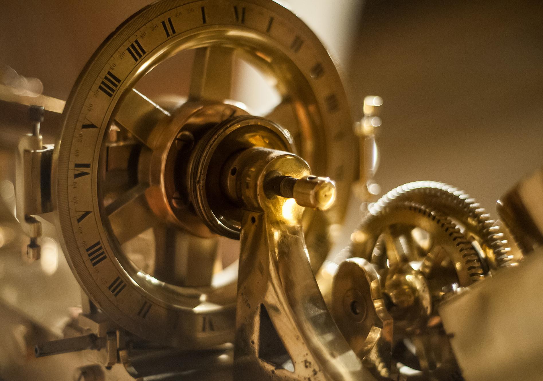 Detail Shot of Antique Instrument in the Arial Collection with brass circular fittings and gears