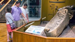 Three adults stand to the left of a display of a large hollowed out canoe on exhibition