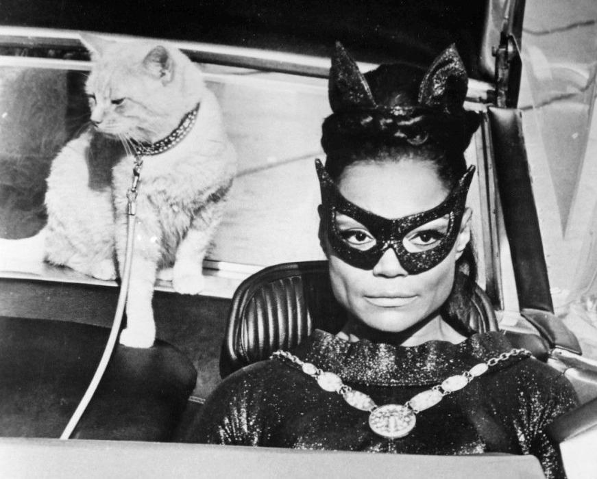 Eartha Kitt in Catwomen costume driving a car with a white cat behind her