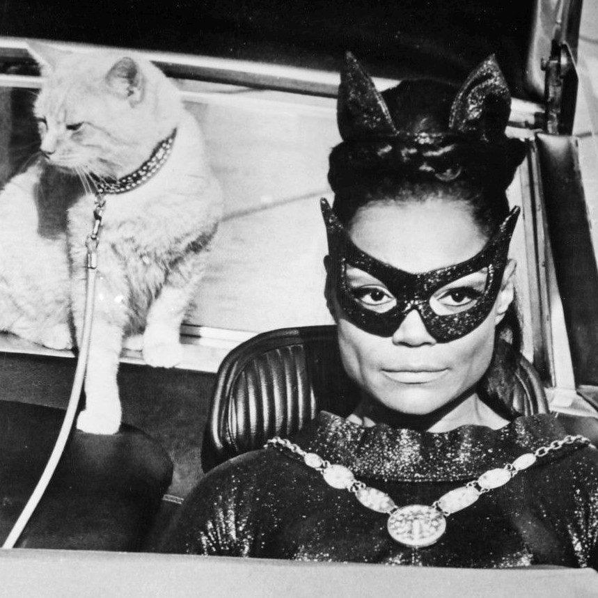 Eartha Kitt in Catwomen costume driving a car with a white cat behind her