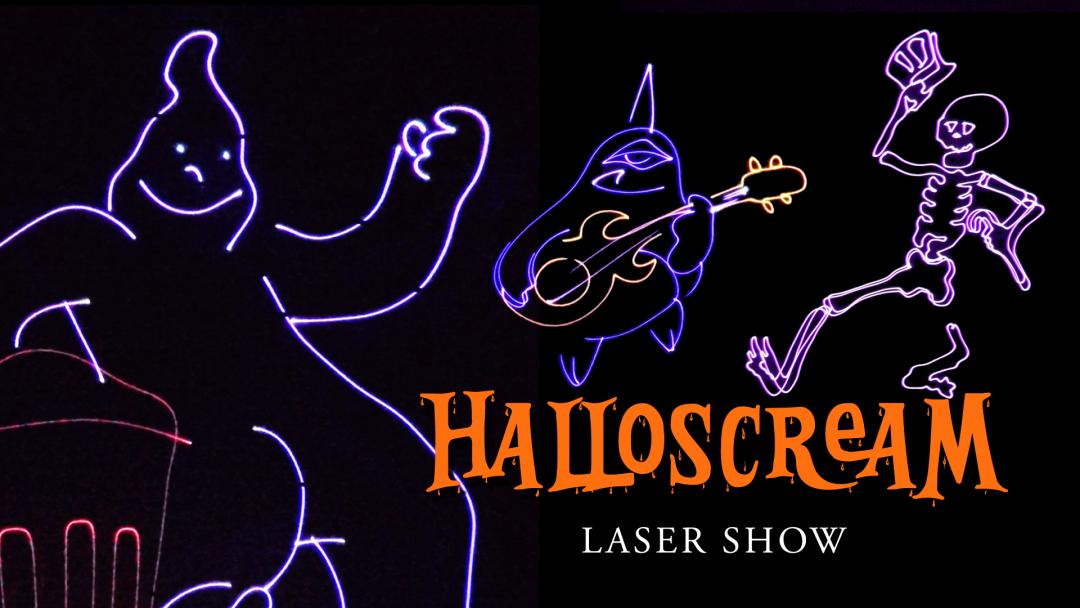 On a black background are the illustrated figures of a waving, happy a ghost, a one-eyed monster with a guitar and a skeleton doffing a top hat