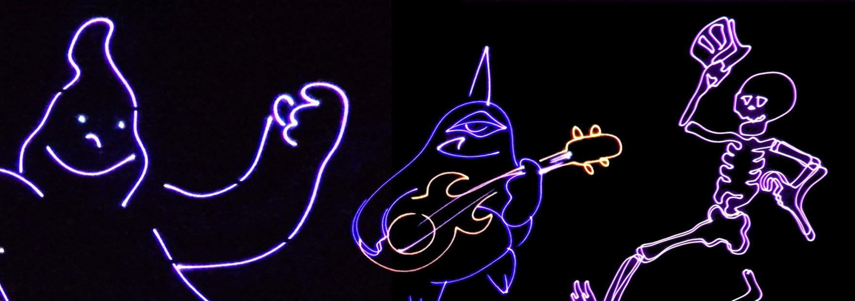 On a black background are the illustrated figures of a waving, happy a ghost, a one-eyed monster with a guitar and a skeleton doffing a top hat