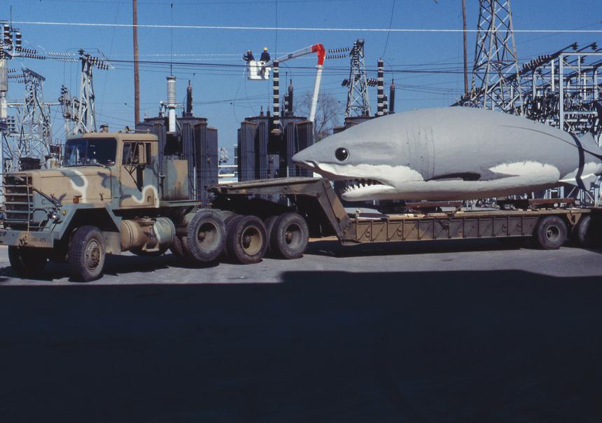 Giant Megalodon replica sits on the back on a National Guard flatbed truck in a parking area