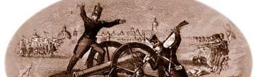 Sepia tone illustration Two soldiers stand next to cannon with arms raised