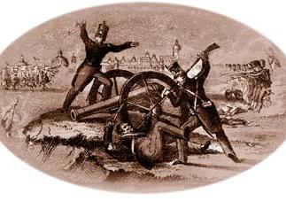 Sepia tone illustration Two soldiers stand next to cannon with arms raised