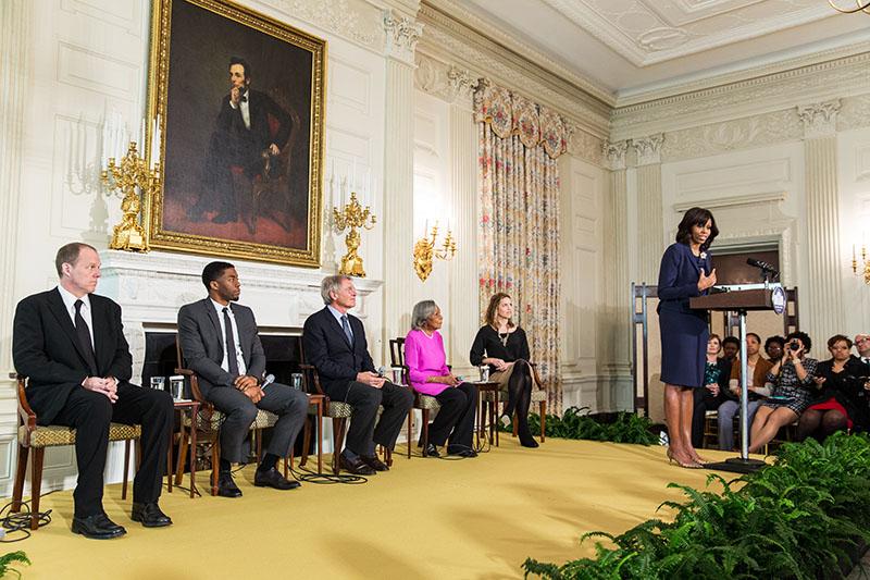Boseman attending a White House workshop on the life of Jackie Robinsons hosted by First Lady Michelle Obama