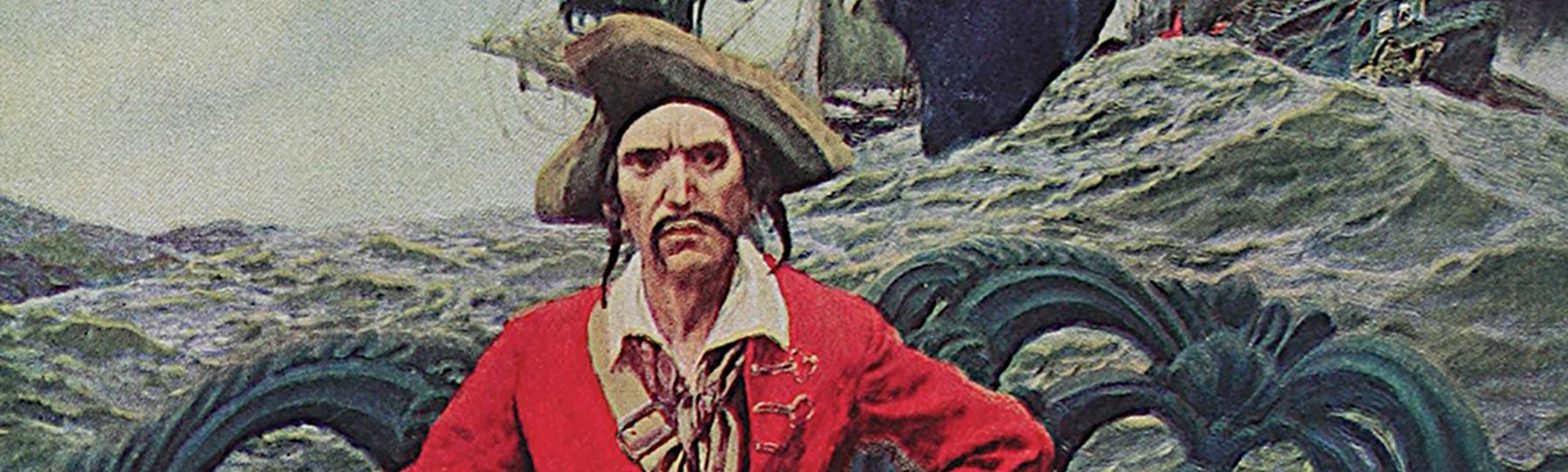Illustration of pirate in a red coat and tricorn hat with a ship's railing and the sea behind him