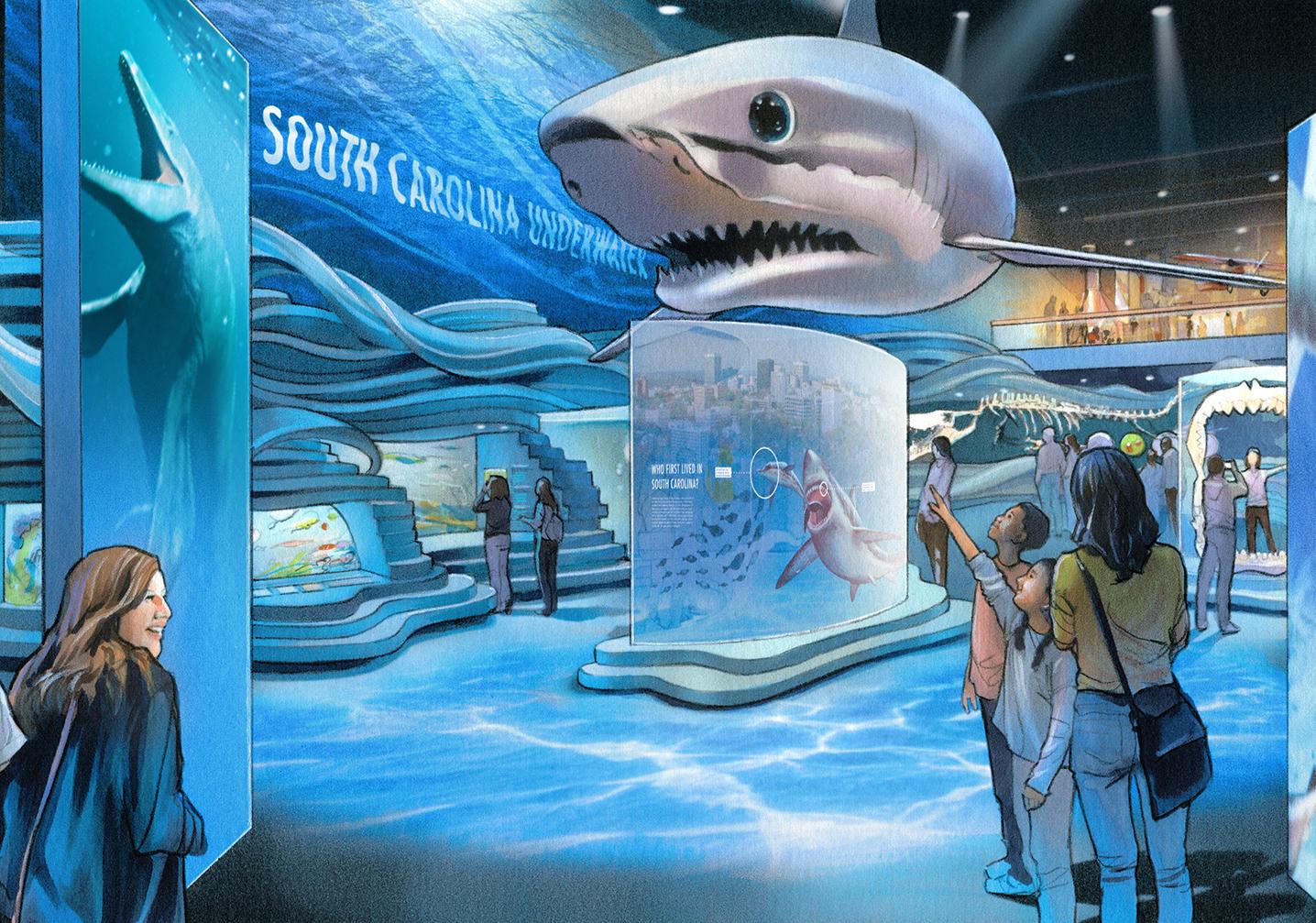 Colorful drawing shows large shark hanging from ceiling and new underwater themed exhibition display