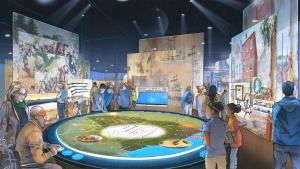Colorful drawing depicts guest around a projection table showing a map of revolutionary war battles