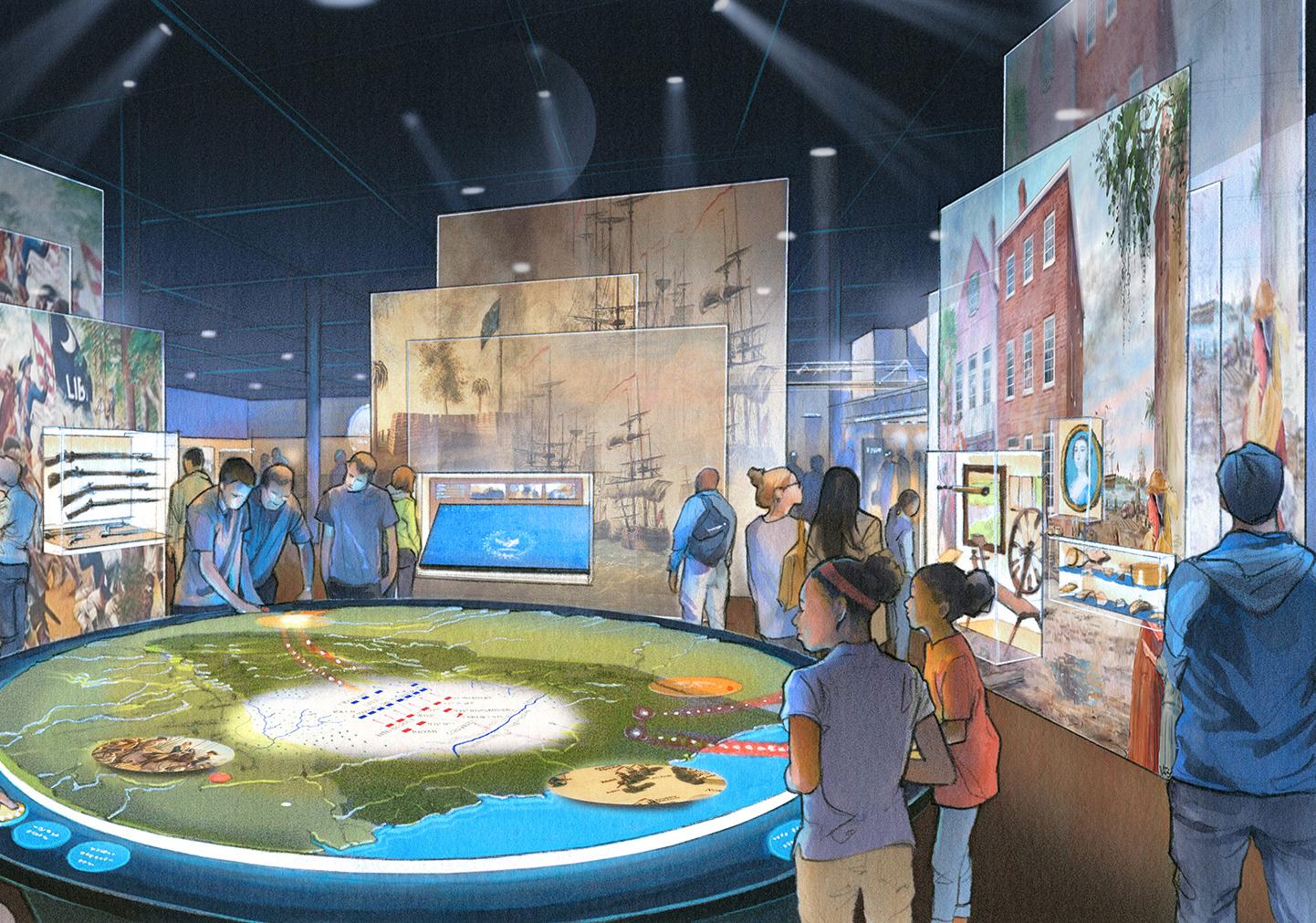 Colorful drawing depicts guest around a projection table showing a map of revolutionary war battles