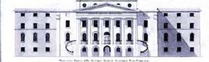 Black and white drawing of a building with three floor and a center section with four floors topped with a cupola