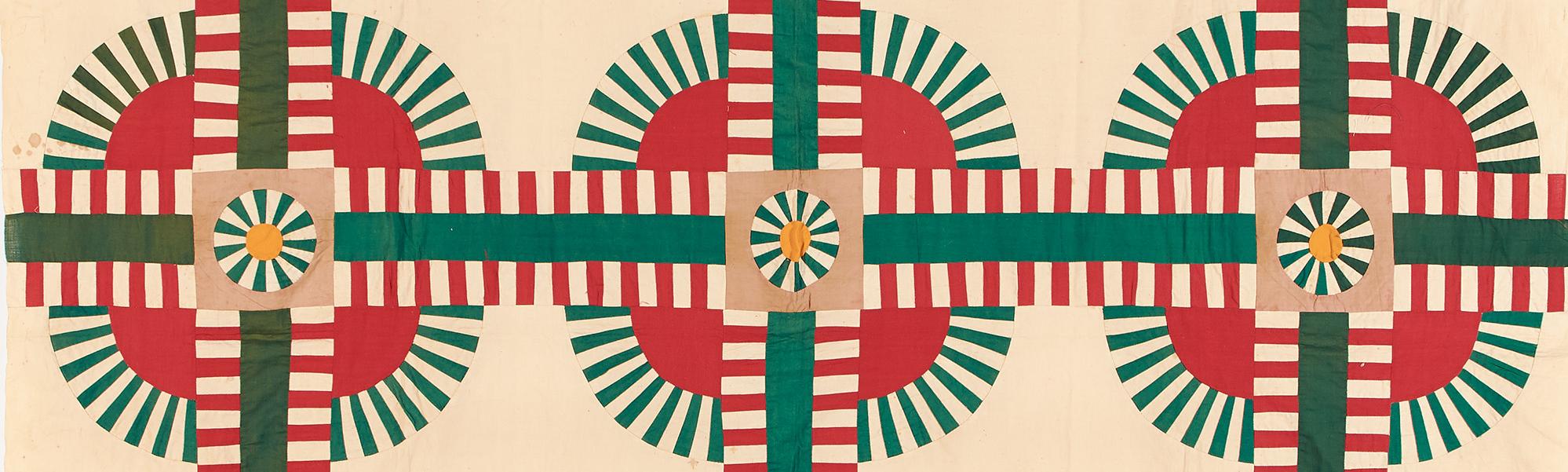 Cream colored quilt with 3-up motif on red circles bordered in radiating outward green dashes that are cross cute with solid green lines trimmed in red dashes.