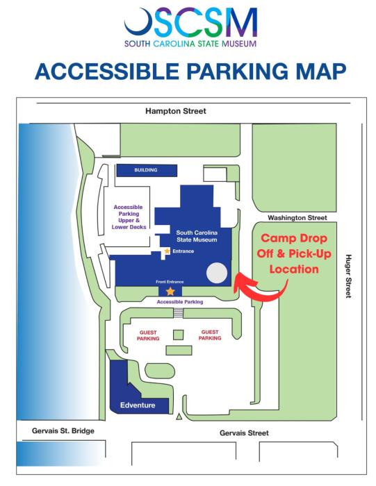 Map showing location for camp drop off and pick, which is on the side of the museum at the planetarium extension