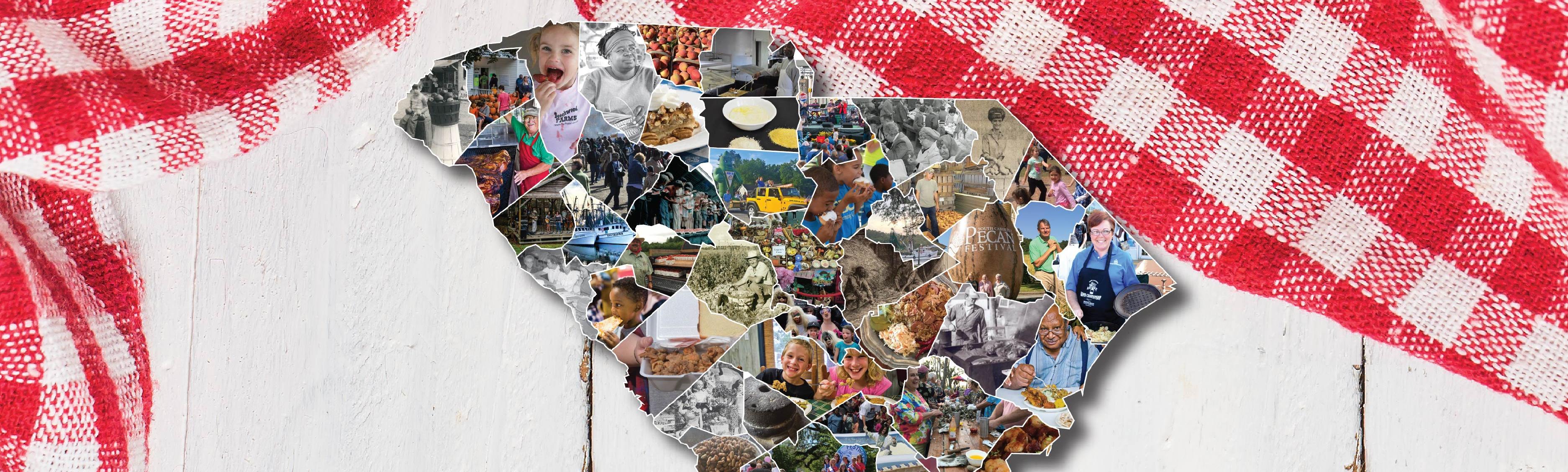 Logo reads The Food We Celebrate with outline of the state of SC made of a photo collage
