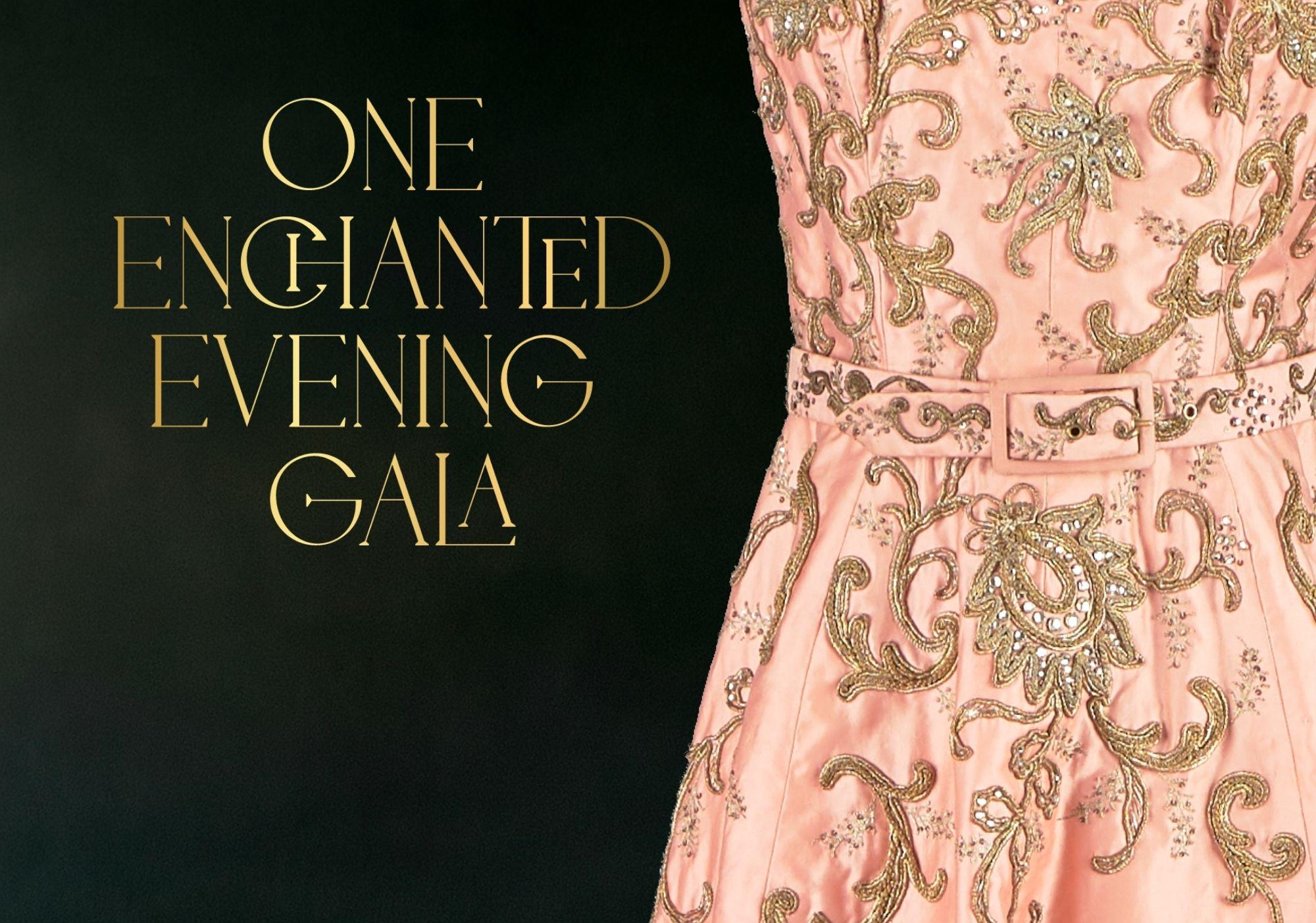 Hot pink evening gown bodice on a dark green background with red square logo in the lower corner with a white letter P inside it.