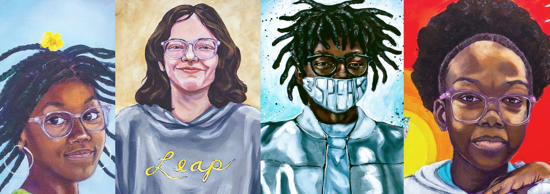 A collage of four colorful painted portraits of young people, each wearing glasses. From left to right: a girl with braided hair and a yellow flower, wearing a green shirt; a person with shoulder-length brown hair in a gray hoodie with the word "Leap"; a person with short twisted hair in a light blue jacket and a mask with "Speak" written across it; and a girl with natural hair pulled back, wearing a white hoodie with a small bird design, set against a bright red and yellow background.