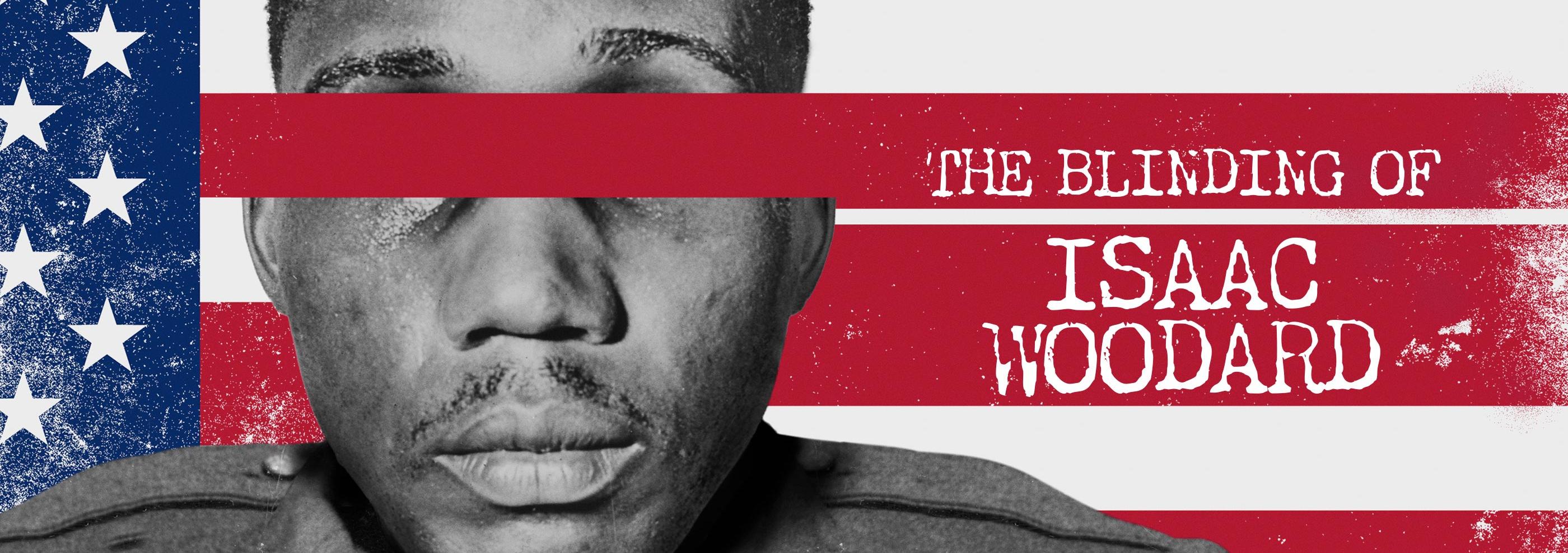 American flag with image of a black man's face over it with one of the flag's red stripes going across his eyes